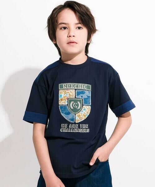 nexchic / ネクシック Tシャツ | 【接触冷感】プリント切替天竺Tシャツ(110~150cm)（ネイビー）