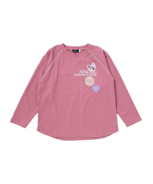 nexchic / ネクシック Tシャツ | ロゴワッペン＆リボンディテールラグランロゴTシャツ(110~150cm)（ピンク）