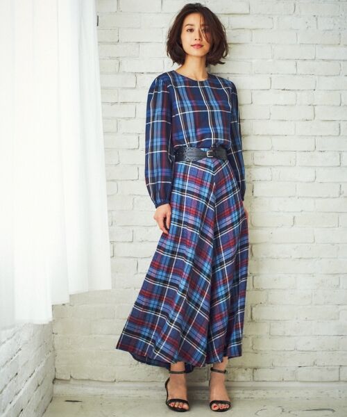 【洗える】LIBECO HERRINGBONE PLAID フレアスカート