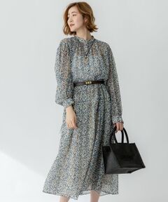 【23区】ロング　ワンピース　フレア　柄　50 大きいサイズ　ブラック　プリント セール】 【洗える】シアーヘリンボーンプリント ワンピース