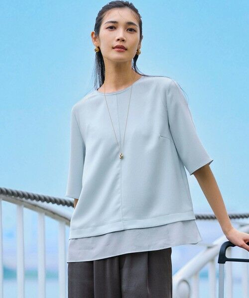 23区/ニジュウサンク 【洗える/接触冷感/UVケア】ストレッチジョーゼット シアーコンビ カットソー スカイブルー系 38 23区/ニジュウサンク 【洗える/接触冷感/UVケア】ストレッチジョーゼット シアーコンビ カットソー スカイブルー系 38