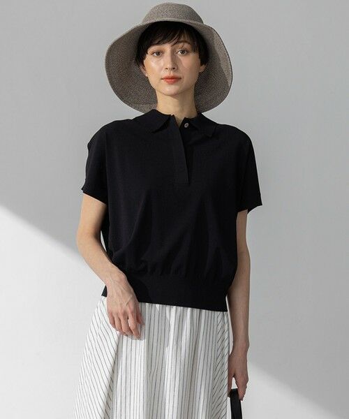 23区/ニジュウサンク 【洗える】レーヨンポリエステルストレッチ フレンチスリーブ ポロニット ブラック系 38 23区/ニジュウサンク 【洗える】レーヨンポリエステルストレッチ フレンチスリーブ ポロニット ブラック系 38