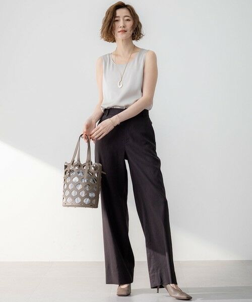 23区極美品【洗える】リネンレーヨンストレッチワイドパンツ ネイビー系 セール】 【洗える】リネンレーヨンストレッチ ドロスト ワイド