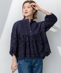 23区 【大きいサイズ44】タグ付き コットンシルクシャツ ブラウス ネイビー 洗える】コットンシルクローン スキッパー ブラウス / 23区