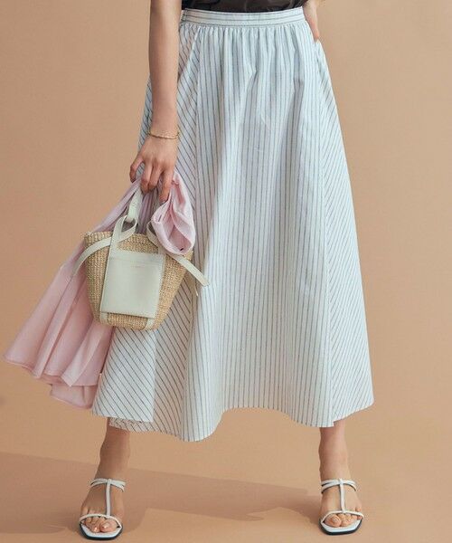 23区 / ニジュウサンク ミニ・ひざ丈スカート | 【洗える】リネンコットンストライプ ギャザー スカート(ホワイトストライプ)