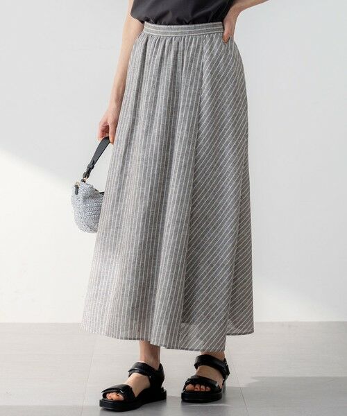 23区 / ニジュウサンク ミニ・ひざ丈スカート | 【洗える】リネンコットンストライプ ギャザー スカート(ダークブラウンストライプ)