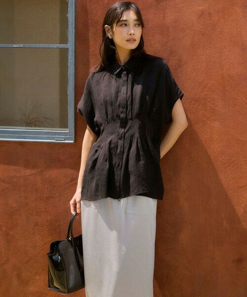 23区 LIBECO リベコ　2way 半袖リネンシャツ　大きいサイズ　46 紺 洗える】LIBECOリネン デザインスリーブ ブラウス / 23区