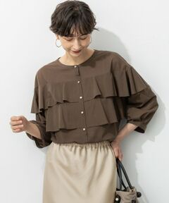 トップス　オリーブグリーン 柄編み5分袖ニット【洗濯機洗い可/抗ピル】（ニット/セーター