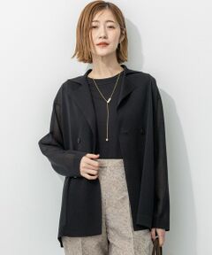 美品✨ザラマン　テーラードジャケット　ニット切替　ワッフル　光沢　グレー　L相当 ダブルボタンもっちもちニットジャケット（ノーカラージャケット