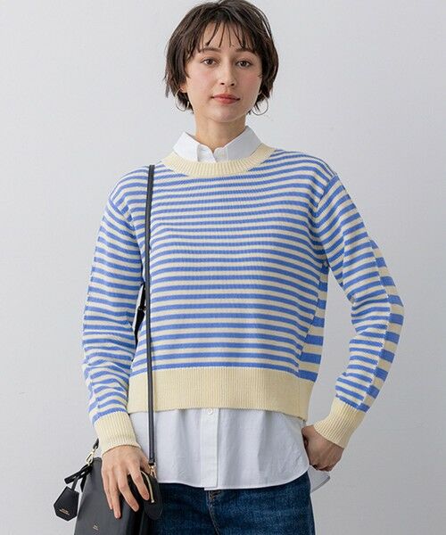 23区 / ニジュウサンク ニット・セーター | コットンギマ クルーネック ニット（ライトイエロー×スカイブルー系）