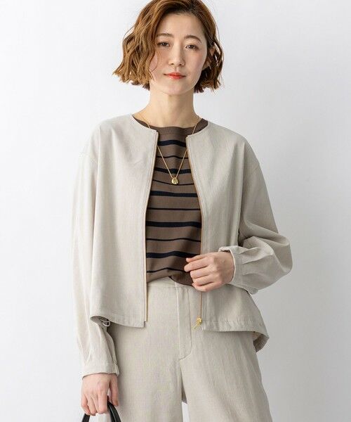 23区 / ニジュウサンク その他アウター | リネンレーヨンストレッチ ノーカラー ブルゾン（ベージュ系）