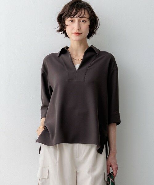 23区 / ニジュウサンク シャツ・ブラウス | ストレッチジョーゼット スキッパー ブラウス（ダークブラウン系）