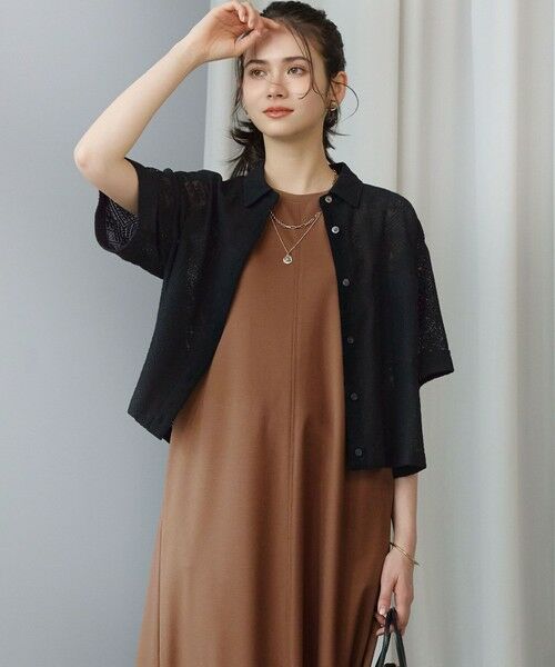 23区 / ニジュウサンク シャツ・ブラウス | 【SLOW/一部店舗限定】モチーフレース 半袖 シャツ（ブラック）