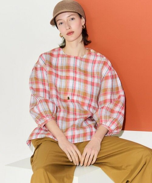 23区 / ニジュウサンク シャツ・ブラウス | LIBECOリネン チェック ボリュームスリーブ ブラウス（オレンジチェック）