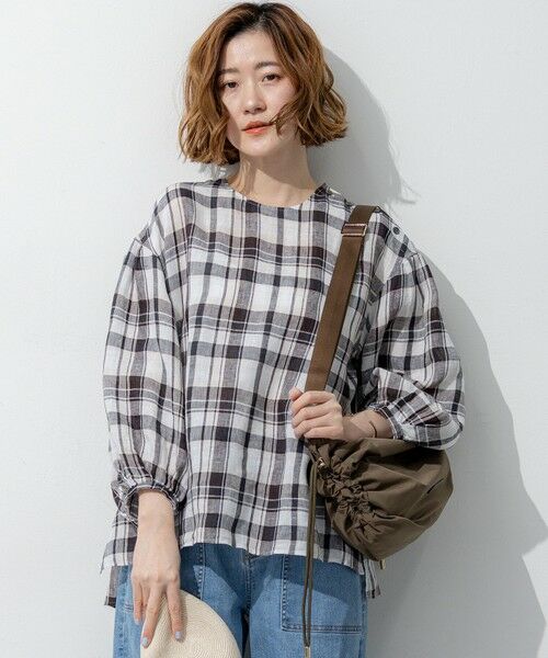 23区 / ニジュウサンク シャツ・ブラウス | LIBECOリネン チェック ボリュームスリーブ ブラウス（ダークブラウンチェック）