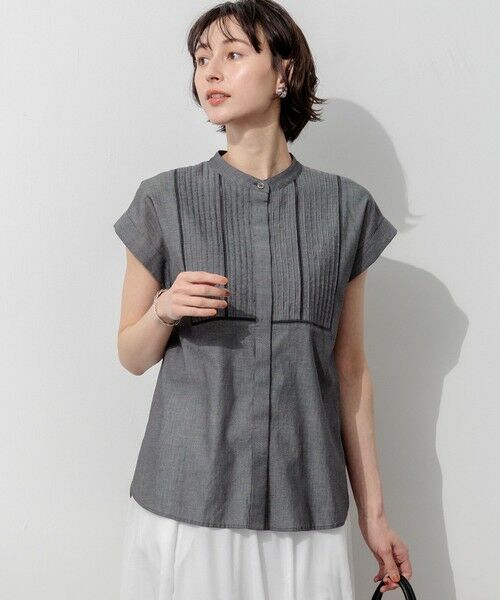 23区 / ニジュウサンク シャツ・ブラウス | デニムローン ピンタック フレンチスリーブ ブラウス（グレー系）