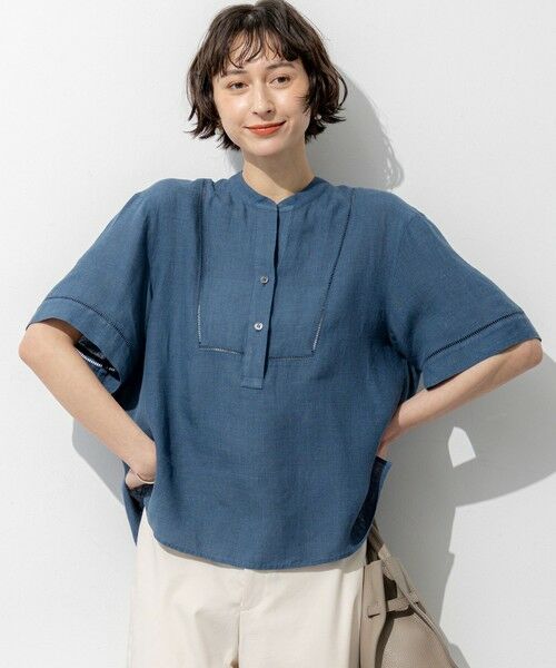23区 / ニジュウサンク シャツ・ブラウス | LIBECOリネン はしごレース ブラウス（ダルブルー系）