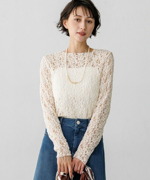 23区 / ニジュウサンク カットソー | 【SLOW/一部店舗限定】コットンミックスレース ボトルネックプルオーバー（アイボリー系）