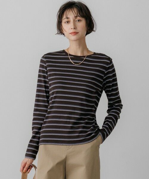 23区 / ニジュウサンク カットソー | 【一部予約】マルチボーダーフライス ロング Tシャツ（ブラウン）