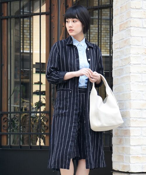 ＊＊NIMES / ニーム ミニ丈・ひざ丈ワンピース | Linen STRIPE ワークOP（ネイビー系1）