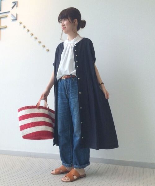 ニーム】 リネンワンピース 麻100% Vネック ネイビー NIMES セール