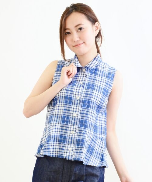 青と白のチェック柄ノースリーブツーピース セール】 60/1LINEN チェック/無地 ノースリーブBL （シャツ・ブラウス