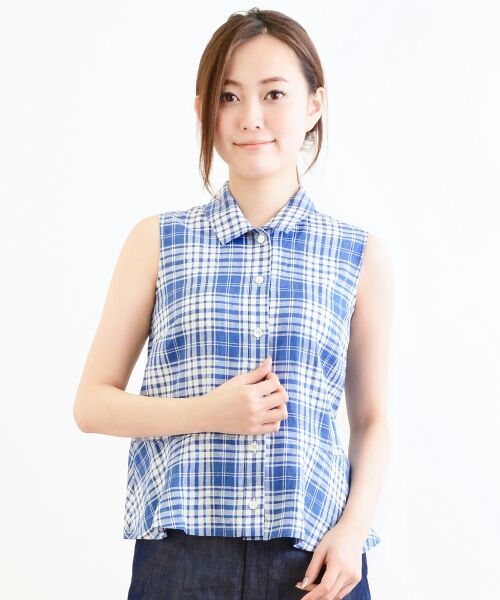 セール】 60/1LINEN チェック/無地 ノースリーブBL （シャツ・ブラウス