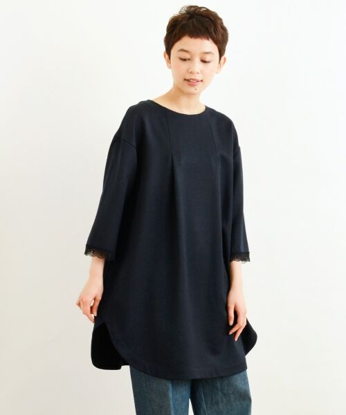 ＊＊NIMES / ニーム ミニ丈・ひざ丈ワンピース | WOOL SATIN ラウンドヘムチュニックOP（ネイビー）