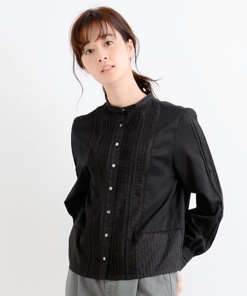 Ozz Croce スタンドカラーピンタック ブラウス ブラック 黒 ブラウス セール】 カラミetレースetサテン ピンタックブラウス （シャツ
