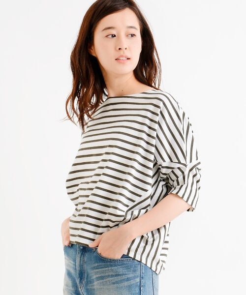 ＊＊NIMES / ニーム カットソー | 40/2 天竺ボーダー コクーン変形P/O（カーキ）