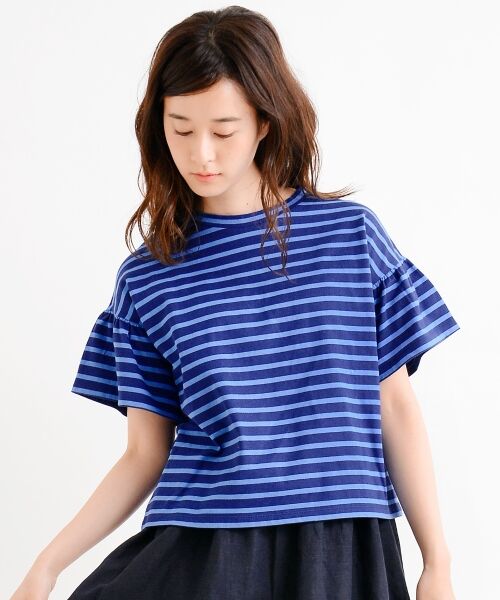 ＊＊NIMES / ニーム カットソー | 40/2 天竺ボーダー フリル袖 P/O（ブルー）