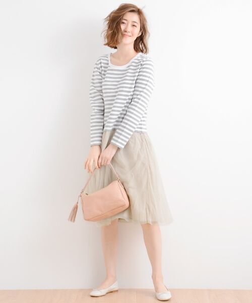 ＊＊NIMES / ニーム ミニ丈・ひざ丈ワンピース | 30/=度詰BD×チュール ドッキングOP（グレー）