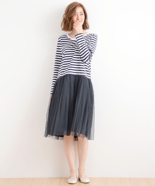 ＊＊NIMES / ニーム ミニ丈・ひざ丈ワンピース | 30/=度詰BD×チュール ドッキングOP（ネイビー）