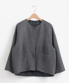 チェック/無地リバー ノーカラーショートリバーコート ノーカラー