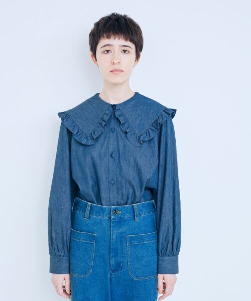 新品・藍ダンガリーカディフリルカラーブラウス セール】 《手洗い可能》ダンガリーフリルブラウス （シャツ・ブラウス トップス
