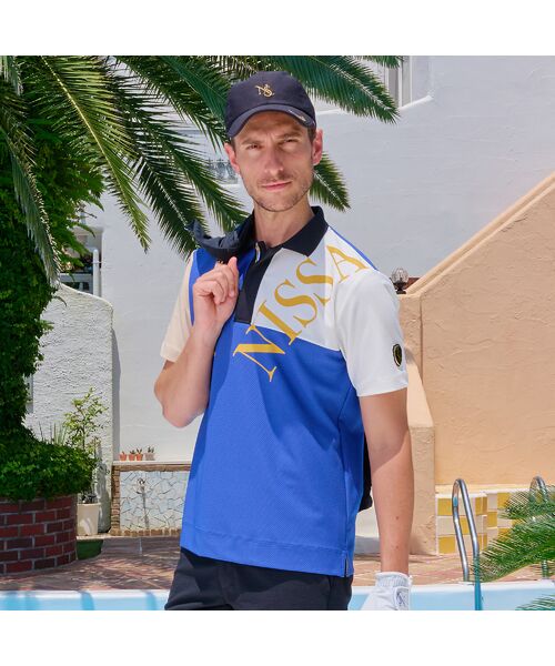 NS23 par Nissa Golf/エヌエス23・パー・ニッサゴルフ 【メンズ】ハニカムプリントポロシャツ ブルー 7 NS23 par Nissa Golf/エヌエス23・パー・ニッサゴルフ 【メンズ】ハニカムプリントポロシャツ ブルー 7