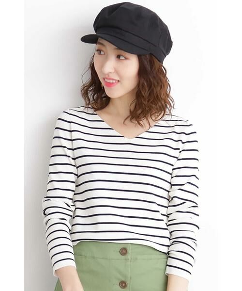 ＊＊N.Natural Beauty Basic / エヌ ナチュラルビューティーベーシック ニット・セーター | 総針Vネックニット（ボーダー1）