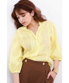 コットンスカラップレース七分袖ブラウス