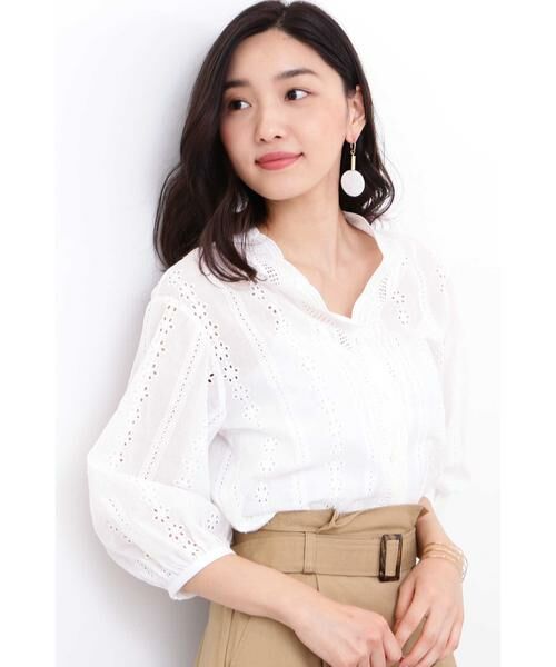 ＊＊N.Natural Beauty Basic / エヌ ナチュラルビューティーベーシック シャツ・ブラウス | コットンスカラップレース七分袖ブラウス（オフ）