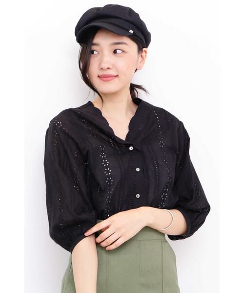 ＊＊N.Natural Beauty Basic / エヌ ナチュラルビューティーベーシック シャツ・ブラウス | コットンスカラップレース七分袖ブラウス（ブラック）