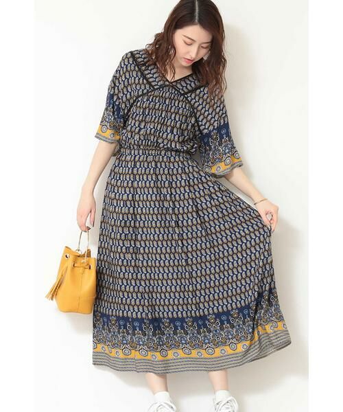＊＊N.Natural Beauty Basic / エヌ ナチュラルビューティーベーシック ワンピース | エスニックパネルプリントワンピース（ネイビー1）