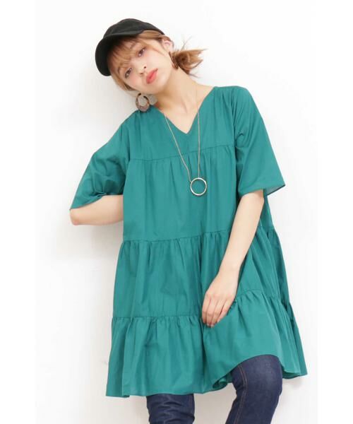 ＊＊N.Natural Beauty Basic / エヌ ナチュラルビューティーベーシック シャツ・ブラウス | ティアードチュニックコットンブラウス（グリーン）