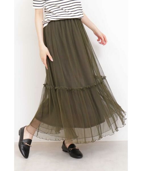 ＊＊N.Natural Beauty Basic / エヌ ナチュラルビューティーベーシック スカート | チュールプリーツマキシスカート（カーキ）