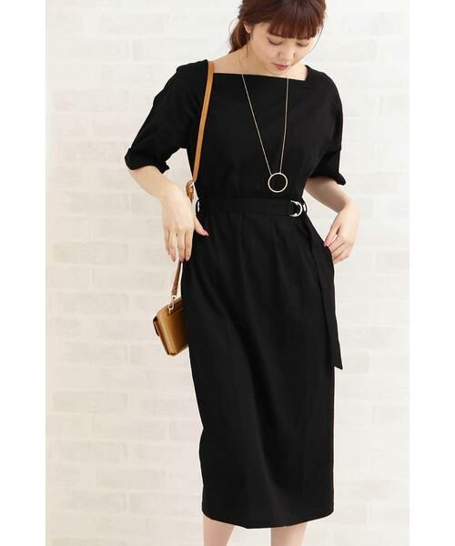 ＊＊N.Natural Beauty Basic / エヌ ナチュラルビューティーベーシック ワンピース | ベルト付ボートネックＴシャツワンピース（ブラック）