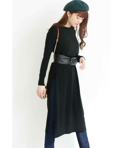 ＊＊N.Natural Beauty Basic / エヌ ナチュラルビューティーベーシック ワンピース | スリットニットワンピース（ブラック）