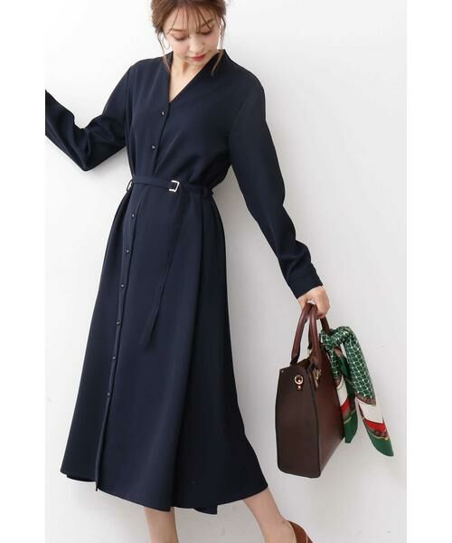 ＊＊N.Natural Beauty Basic / エヌ ナチュラルビューティーベーシック ワンピース | Aラインミモレタイトベルトワンピース（ネイビー）