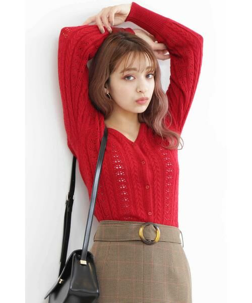＊＊N.Natural Beauty Basic / エヌ ナチュラルビューティーベーシック カーディガン・ボレロ | レース編みニットカーディガン（レッド）
