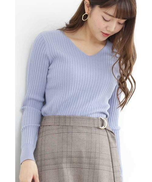 ＊＊N.Natural Beauty Basic / エヌ ナチュラルビューティーベーシック ニット・セーター | ウールベーシックⅢVネックリブニット（ブルー）