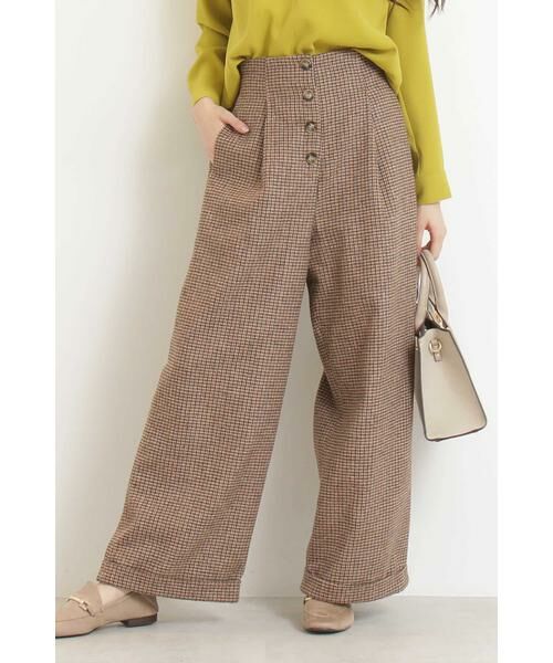 ＊＊N.Natural Beauty Basic / エヌ ナチュラルビューティーベーシック パンツ | チェックフロントボタンワイドパンツ（ベージュ×オレンジ1）