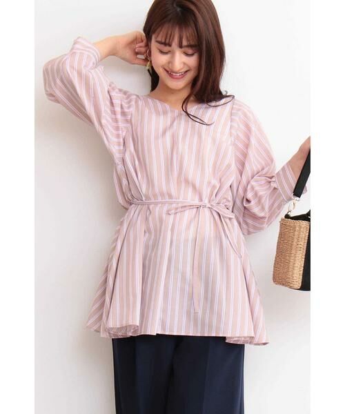 ＊＊N.Natural Beauty Basic / エヌ ナチュラルビューティーベーシック シャツ・ブラウス | マルチカラーストライプブラウス（ベージュ×ピンクストライプ1）